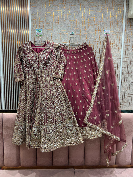 Good looking maroon Peplum long Dress Farshi Gaharara Bridal Dress Muslim Special