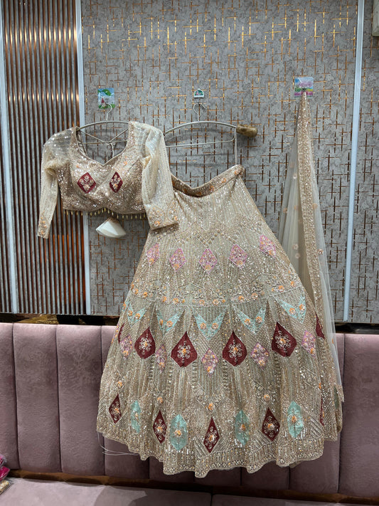 Pretty Beige golden Crop top Lehenga