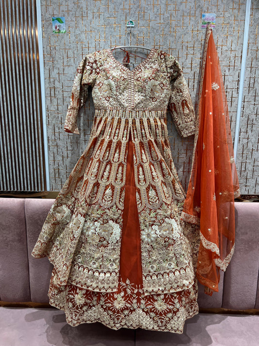 Gorgeous orange Peplum long Dress Farshi Gaharara Bridal Dress Muslim Special