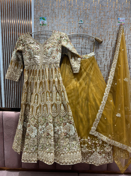 Glamorous yellow Peplum long Dress Farshi Gaharara Bridal Dress Muslim Special