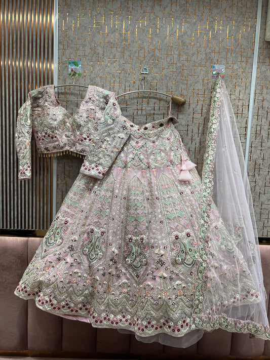 Gorgeous Baby pink peacock Crop top Lehenga