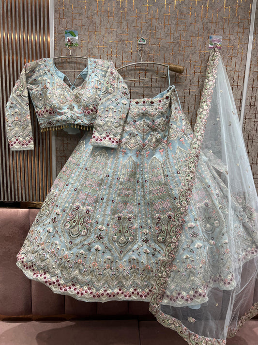 Glamorous Sky blue peacock Crop top Lehenga