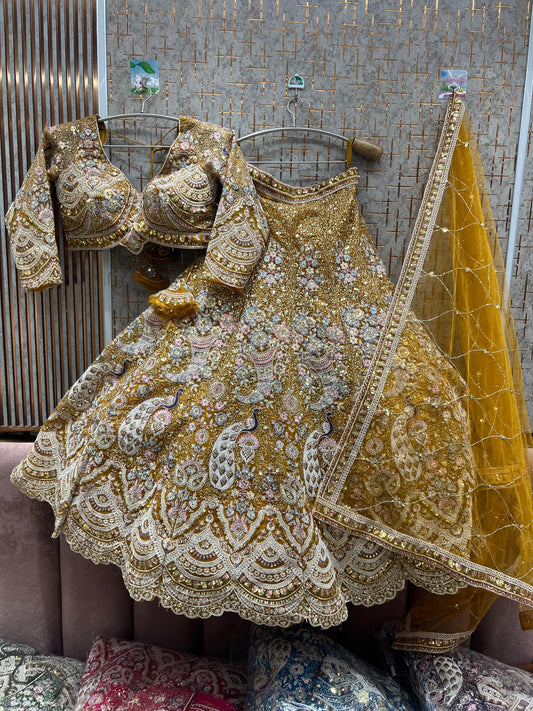 Majestic yellow peacock Crop top Lehenga
