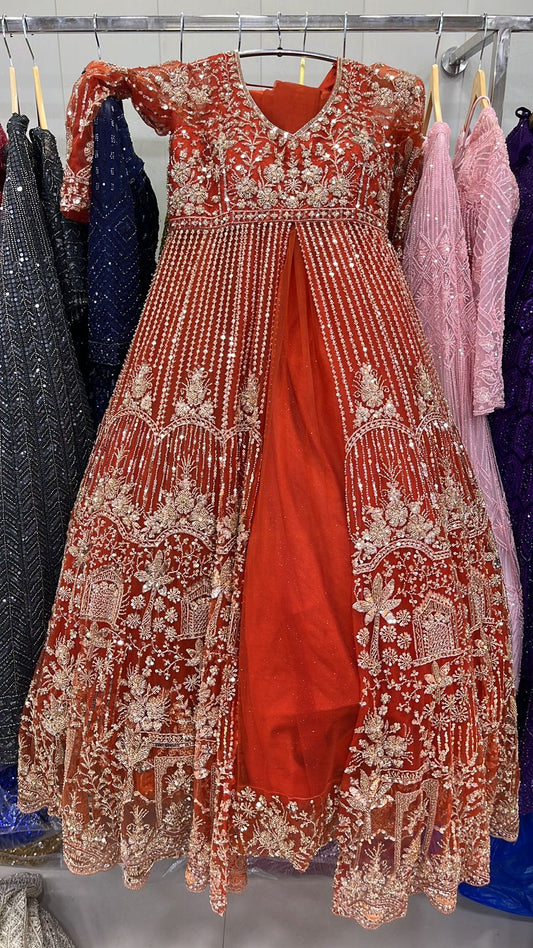 Fantastic Orange Peplum long Dress Farshi Gaharara Dress Special