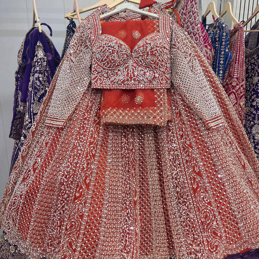 Pretty Mirror work orange Crop Top Lehenga