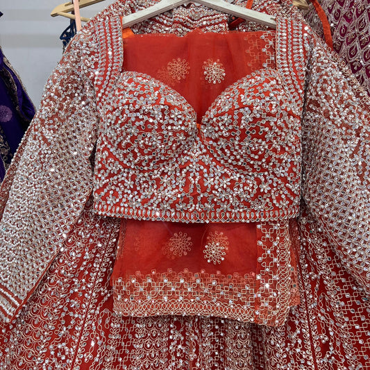 Pretty Mirror work orange Crop Top Lehenga