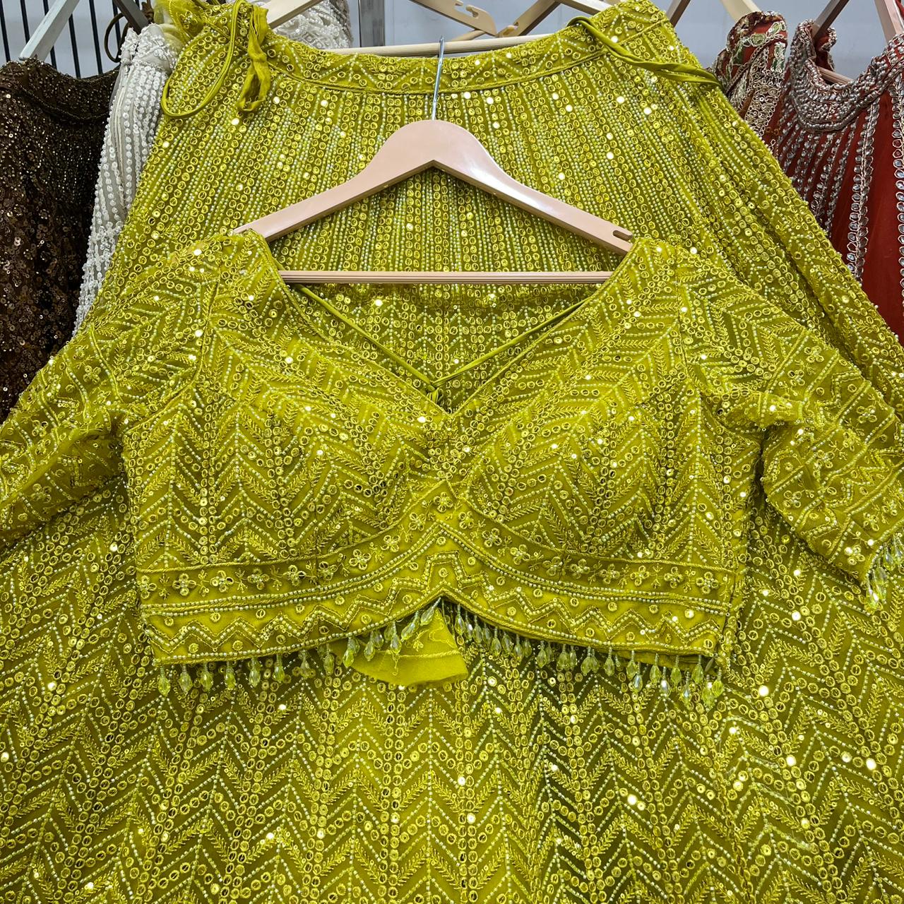 Glamorous Yellow green haldi mehendi Crop Top Lehenga