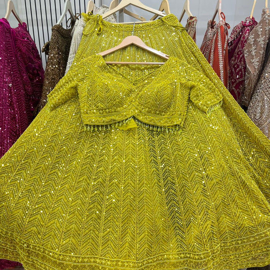 Glamorous Yellow green haldi mehendi Crop Top Lehenga
