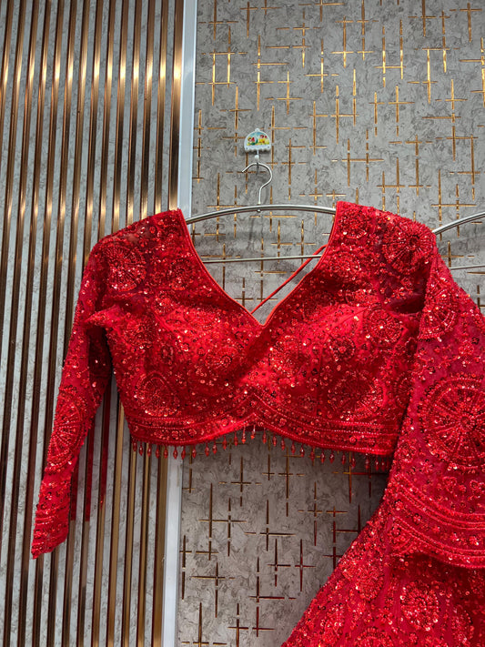 Stunning Red on Red monotone Crop Top Lehenga