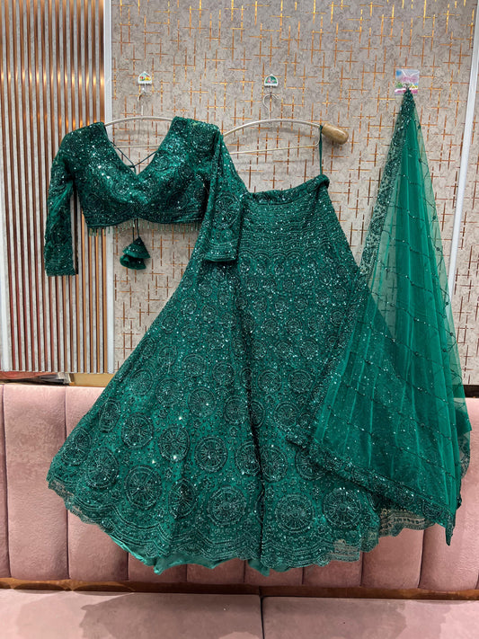 Designer green on green  monotone Crop Top Lehenga