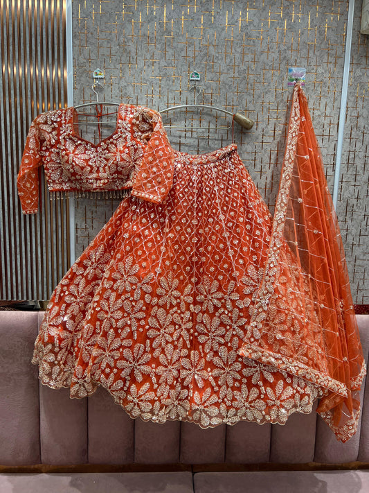 Fantastic Orange Floral Crop Top Lehenga