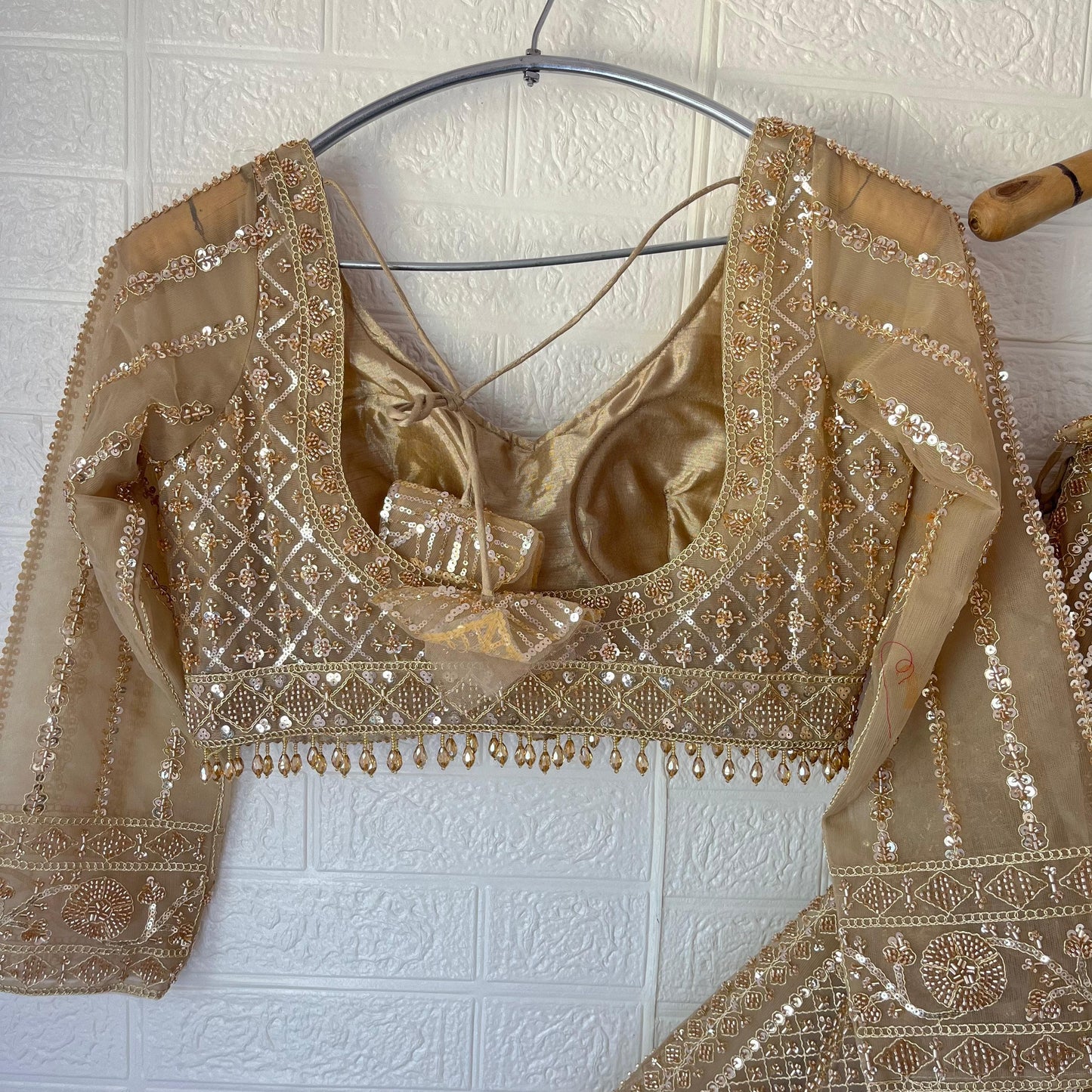 Pretty Beige golden Crop Top Lehenga