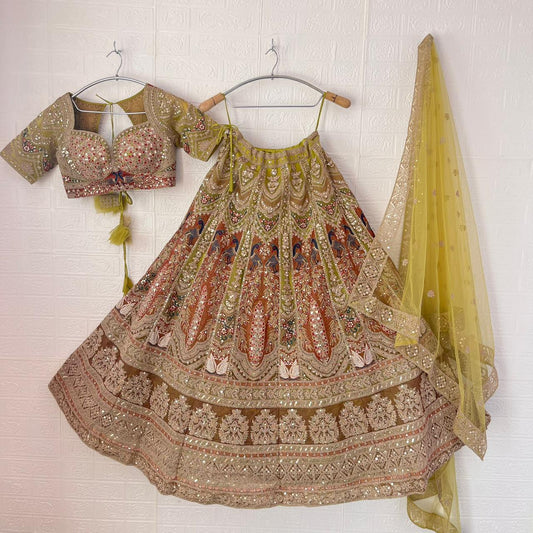 Pleasing yellow mehendi green Peacock Crop Top Lehenga