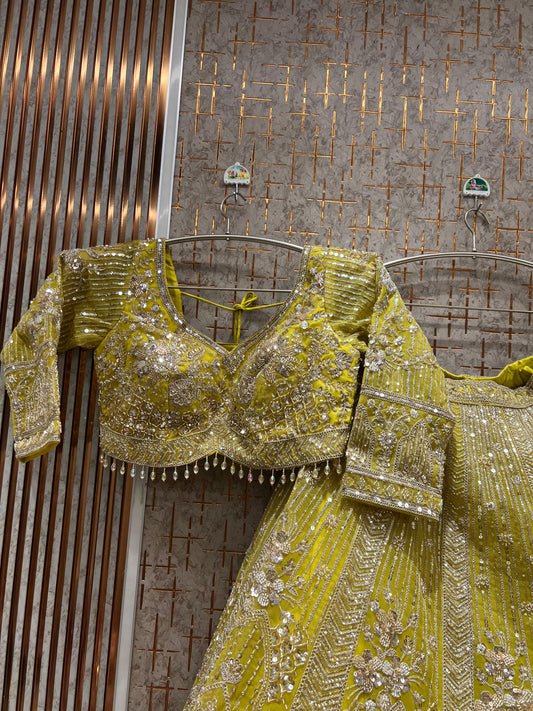 Pretty yellow Haldi Mehendi Crop Top Lehenga