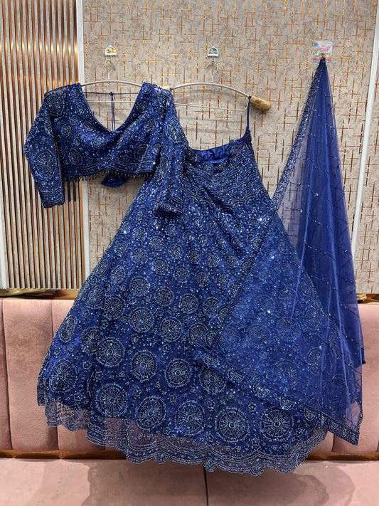 Designer Dark Blue on Blue   monotone Crop Top Lehenga