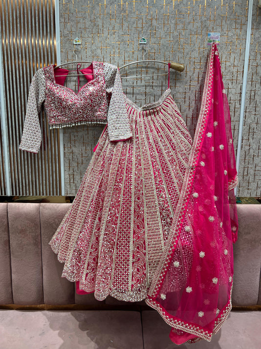 Tremendous Hot pink on pink Mirror work Crop Top Lehenga