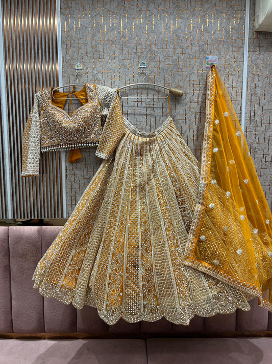 Pretty yellow on yellow Mirror work Crop Top Lehenga
