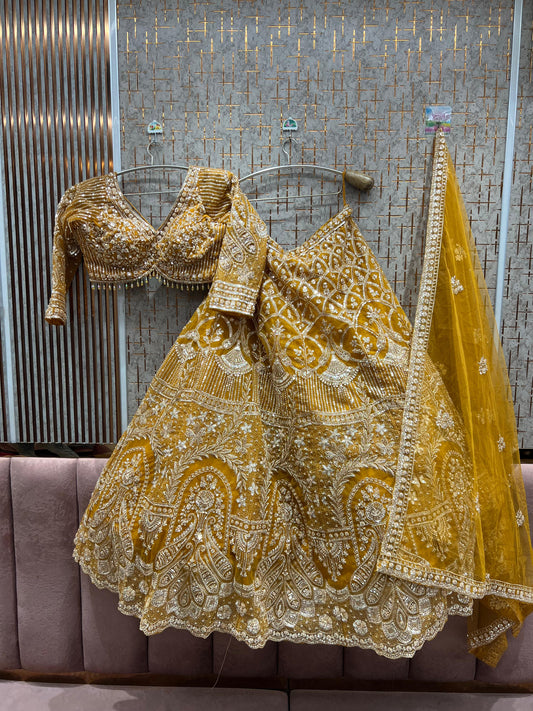 Fantastic Yellow Haldi mehendi Crop Top Lehenga