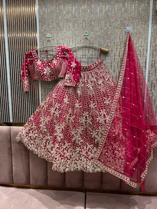Beads work Pink Floral Crop top Lehenga