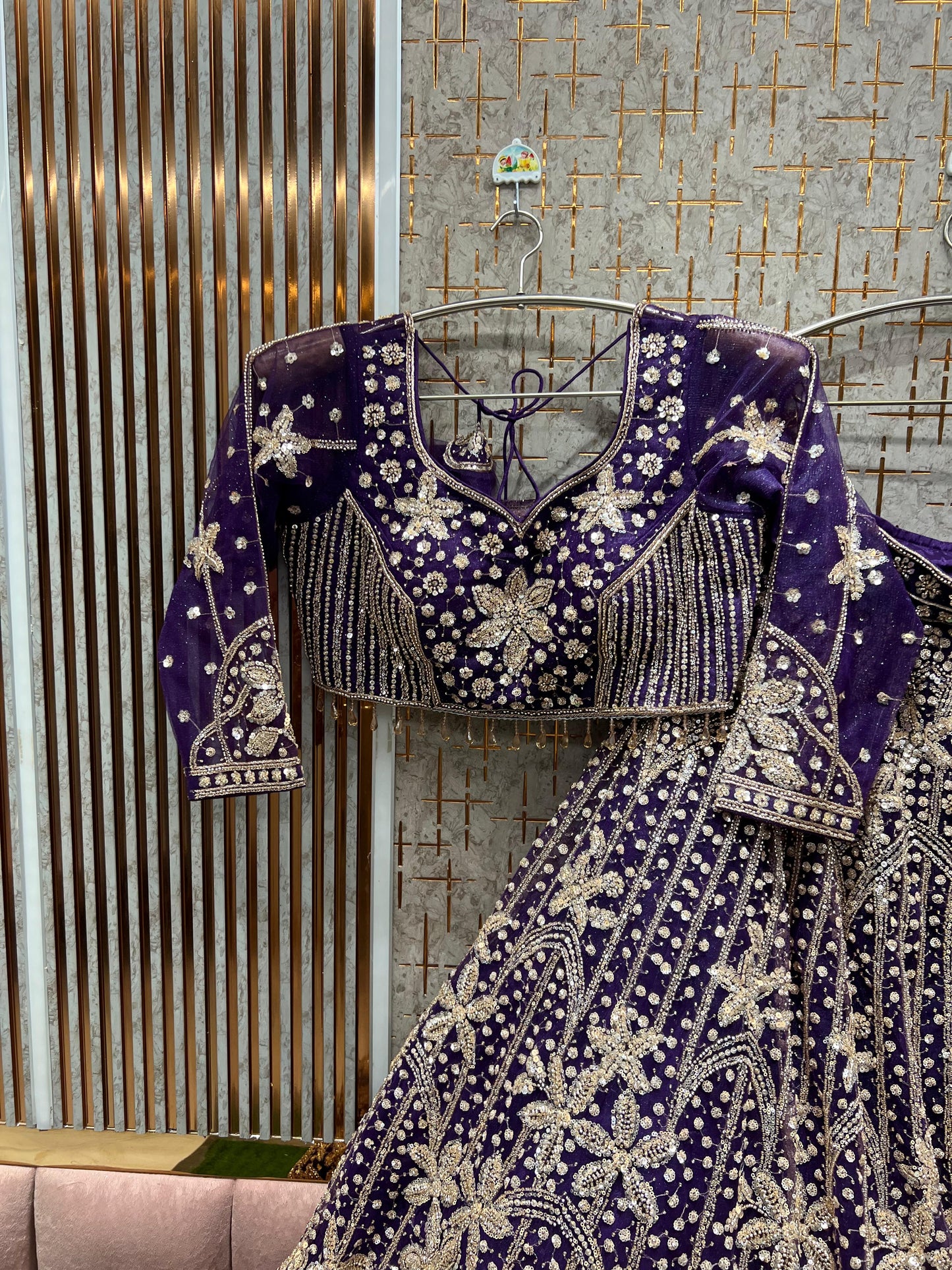 Beads work Pink Floral Crop top Lehenga