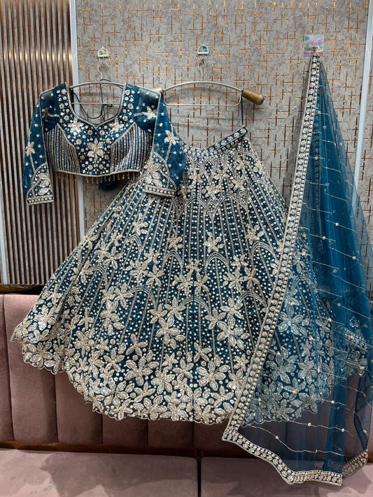Fantastic Floral Sky blue Crop top Lehenga