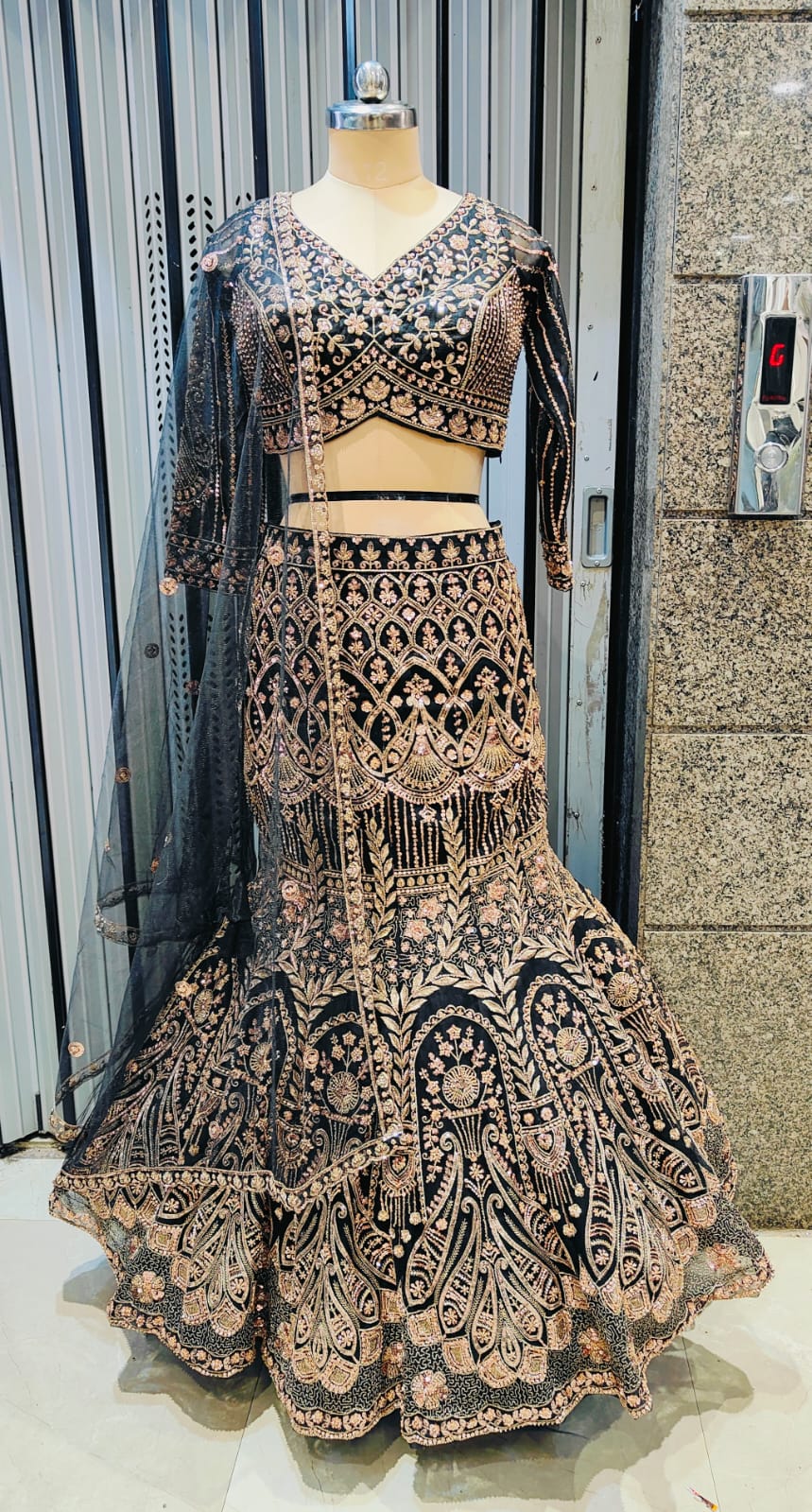 Gorgeous dark Black Blue Crop fish cut Crop top Lehenga