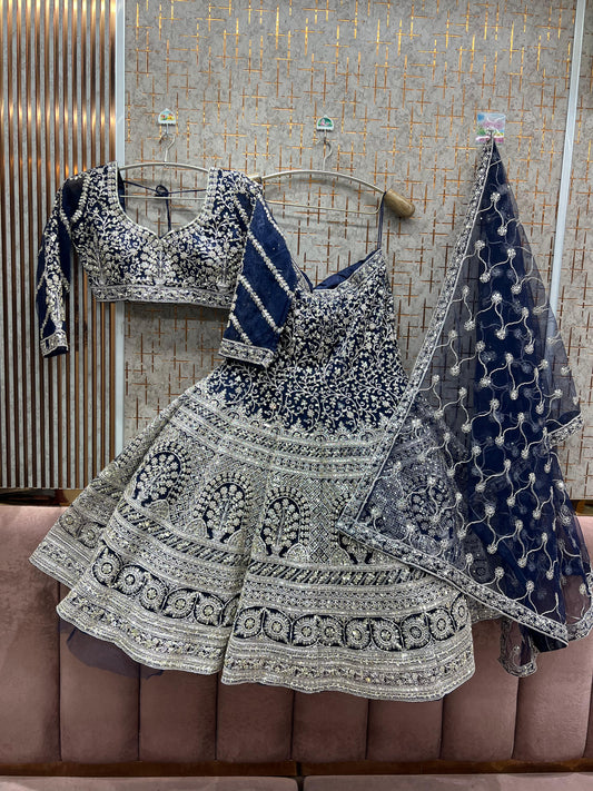 Astonishing Navy blue fish cut Crop top Lehenga