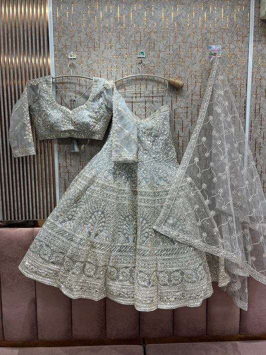 Glamorous White fish cut Crop top Lehenga