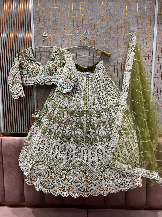 Khoobsurat Pista green peacock Crop Top Lehenga