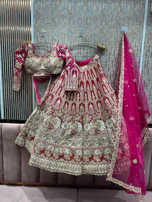 Delightful Hot pink peacock Crop top Lehenga