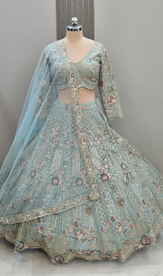 Pleasing Sky blue Crop Top Ready To Wear Lehenga