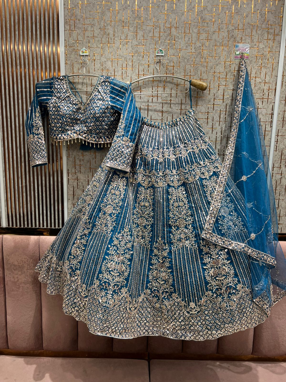 Eye catching golden Mustard Sky blue Ready to wear Crop Top Lehenga