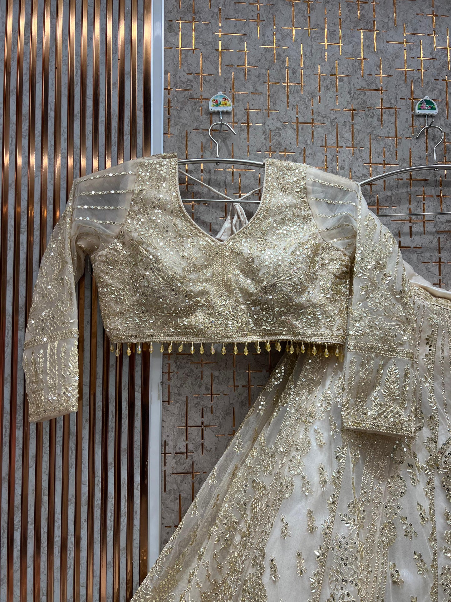 Fabulous White beige golden crop Top Ready To Wear Lehenga