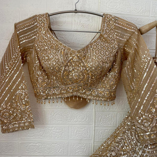 Embellished Beige golden Sky blue Baby pink Ready to wear Crop Top Lehenga