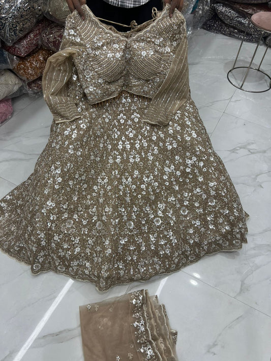 Astonishing peach beige golden Crop Top Lehengak