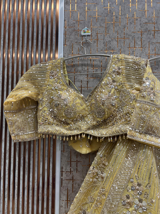 Attractive Light yellow haldi mehendi Ready to wear crop top Lehenga