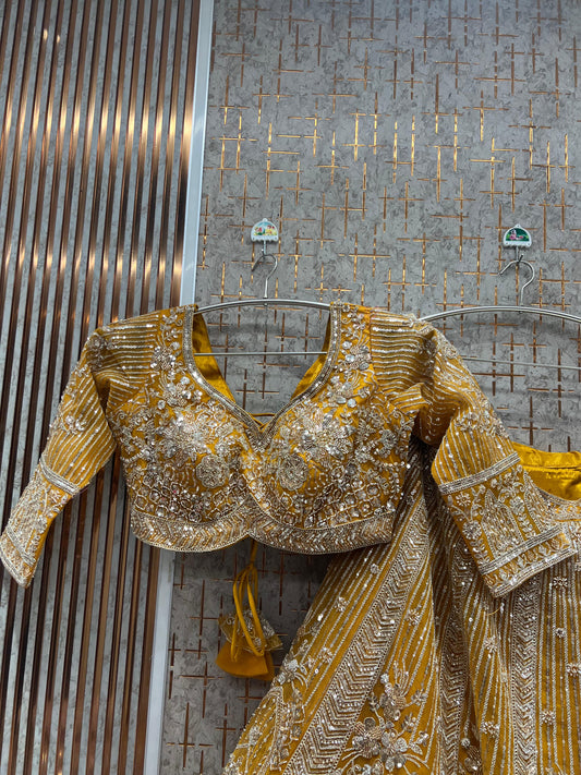 Astonishing Yellow Mustard haldi mehendi Ready to wear crop top Lehenga