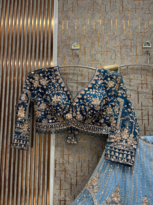 Pleasing Sky blue Double Shade Crop top Lehenga