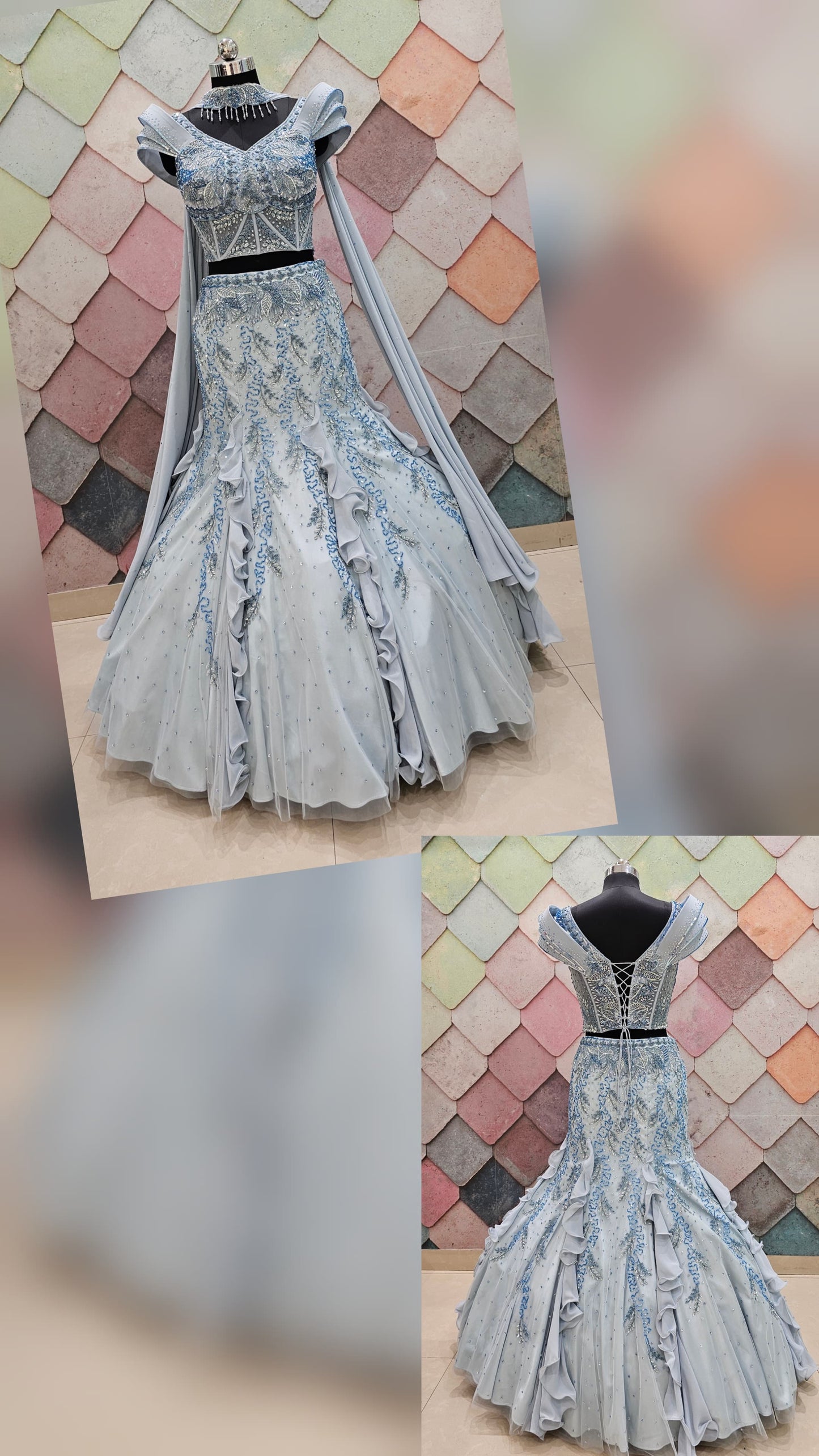 GAURAV GUPTA stunning designer outfit in a beautiful ice-blue shade, crafted with complete hand work on both front and back fish-cut crop top lehenga