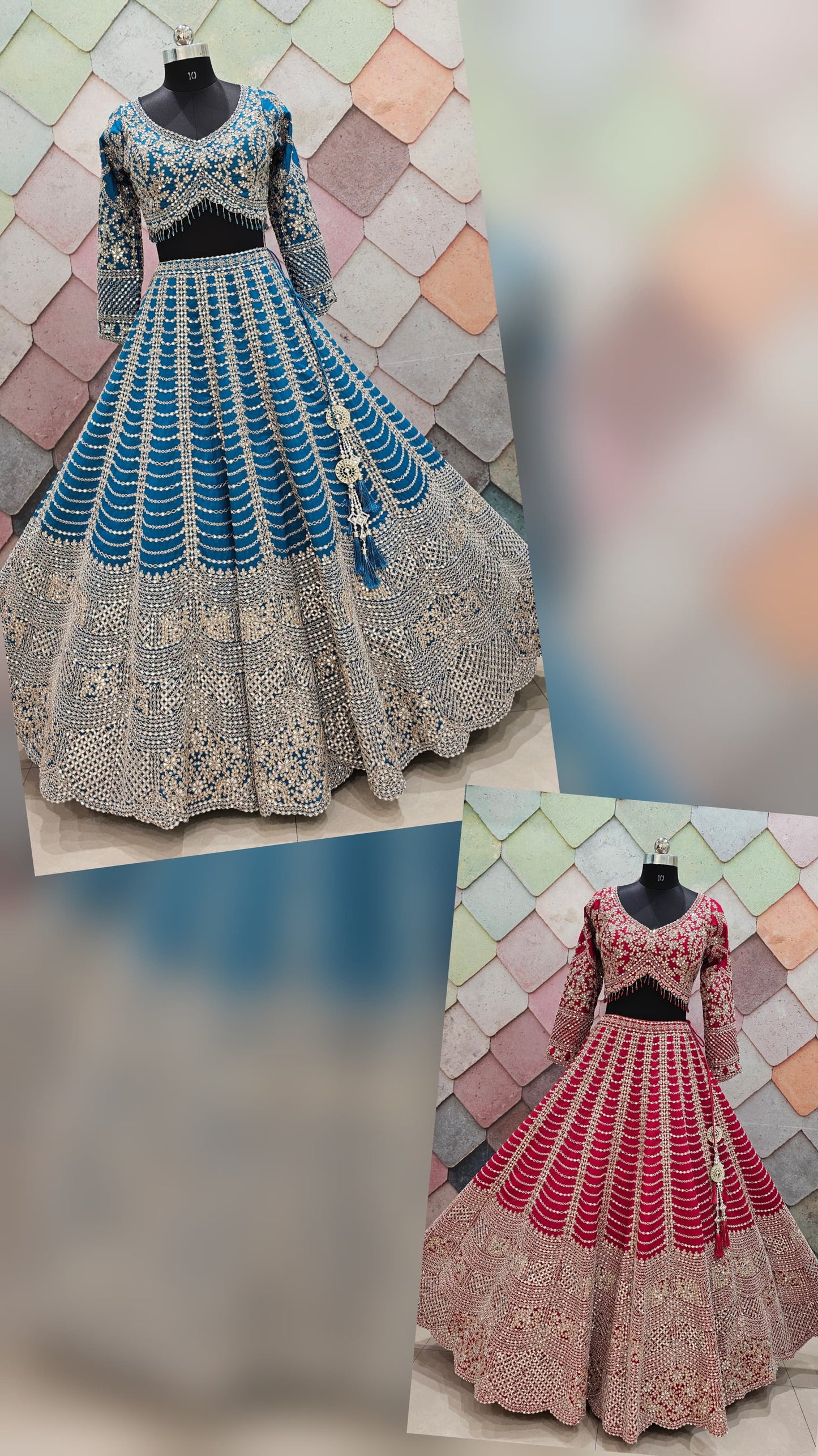 Red silk bridal lehenga beautiful silver kundan stone work with full flair heavy ghera, intricately work on front and back Full-sleeves blouse red Ready to Wear crop top