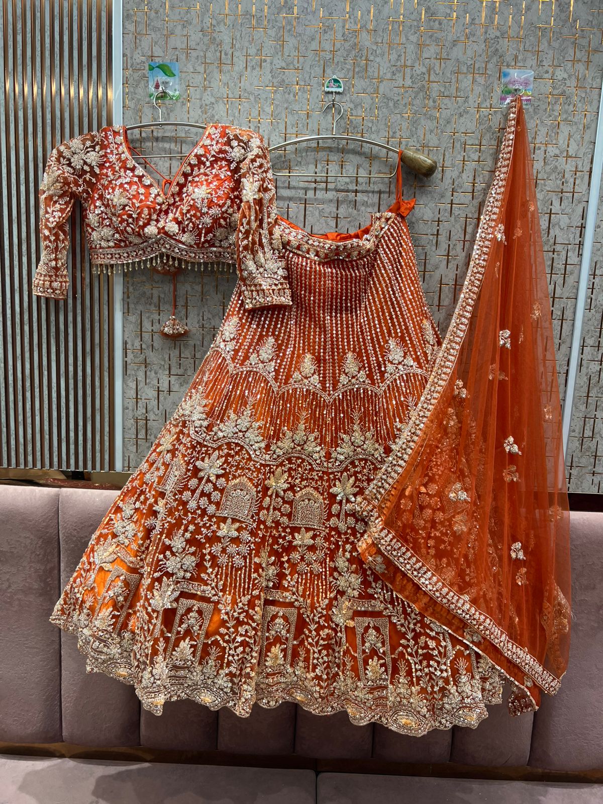 Pretty pista green Orange Ready to wear Crop Top Lehenga