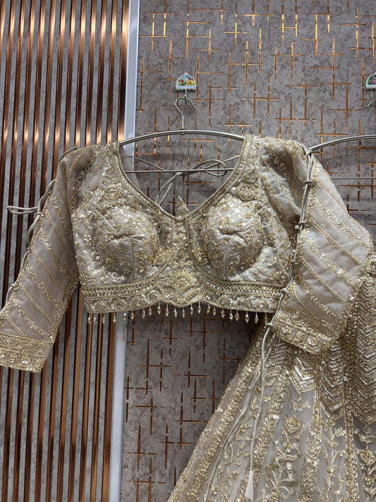 Gorgeous Beige golden Ready to wear Crop Top Lehenga