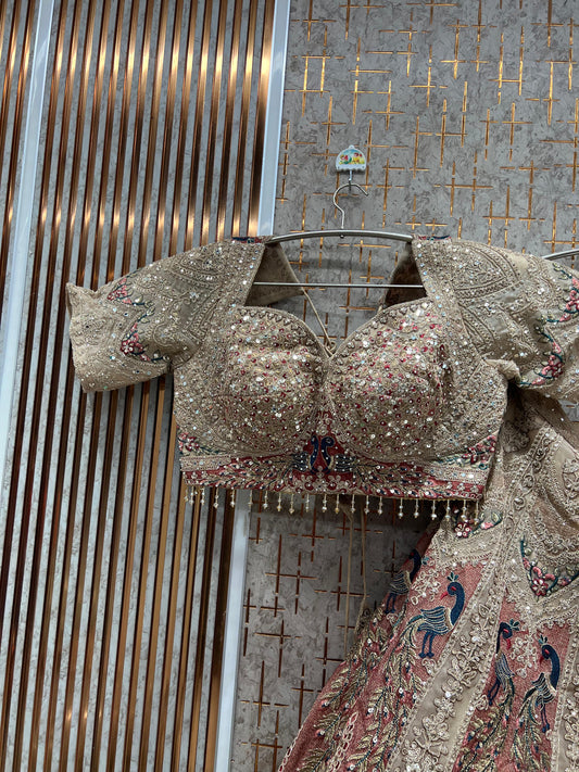 Astonishing Beige golden peacock Ready to wear Crop top Lehenga