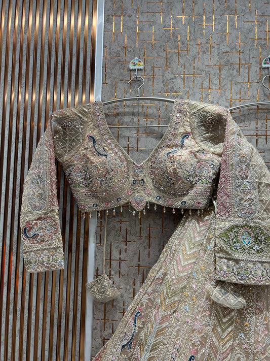 Eye Catching Beige golden peacock Ready to wear crop top Lehenga