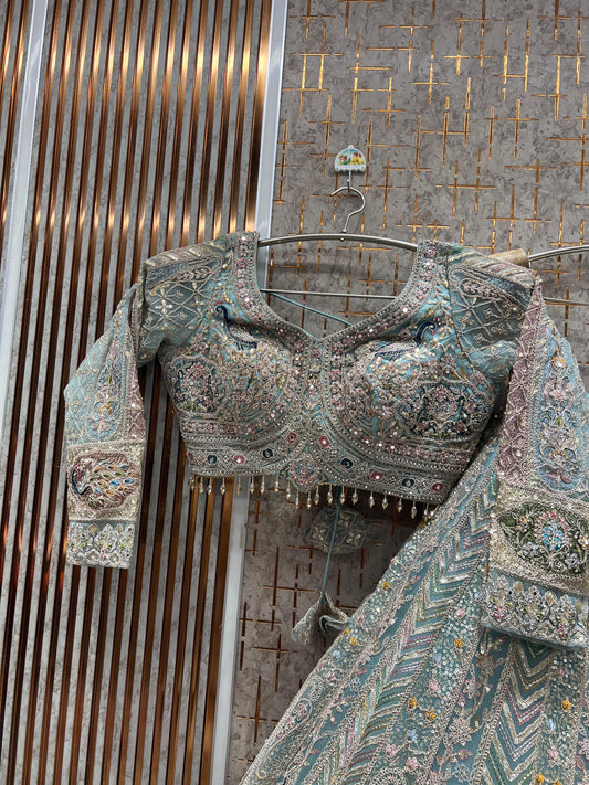 Embellished Sky blue peacock Ready to wear crop top Lehenga