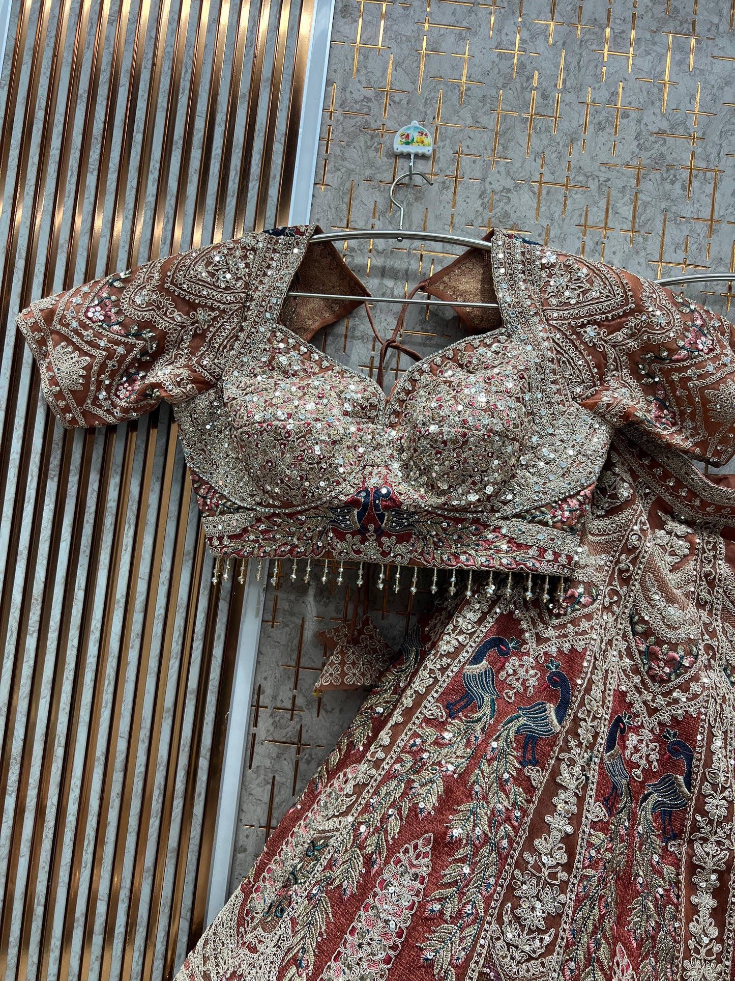 Embellished orange mustard peacock Ready to wear Crop top Lehenga