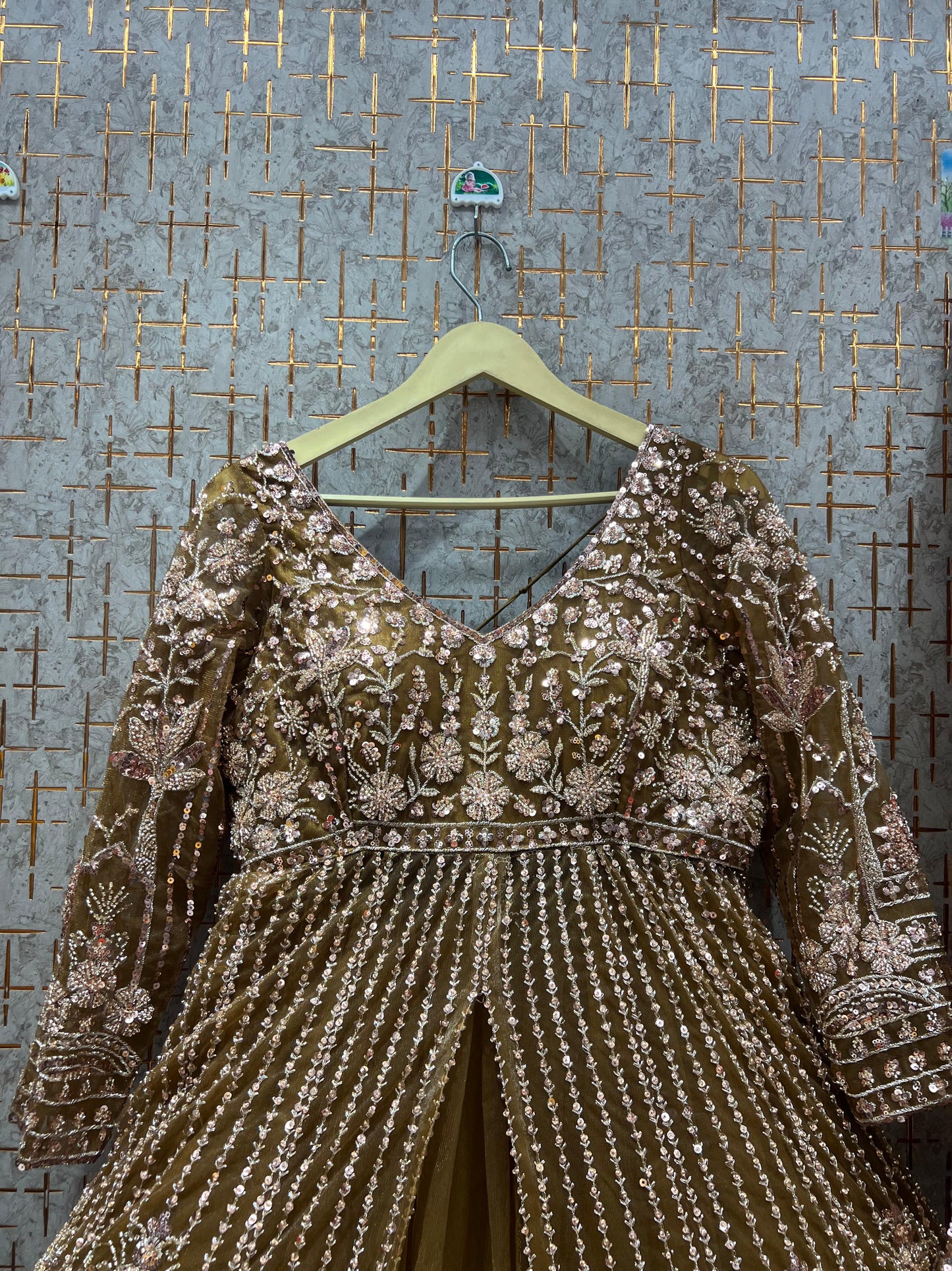 Engaging Golden peplum long Dress Farshi Gaharara Dress Special