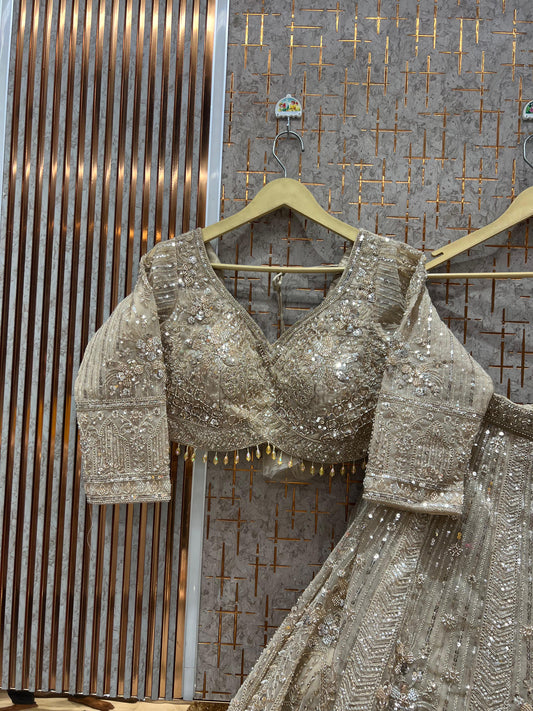 Good looking Beige Golden Ready to wear Crop Top Lehenga