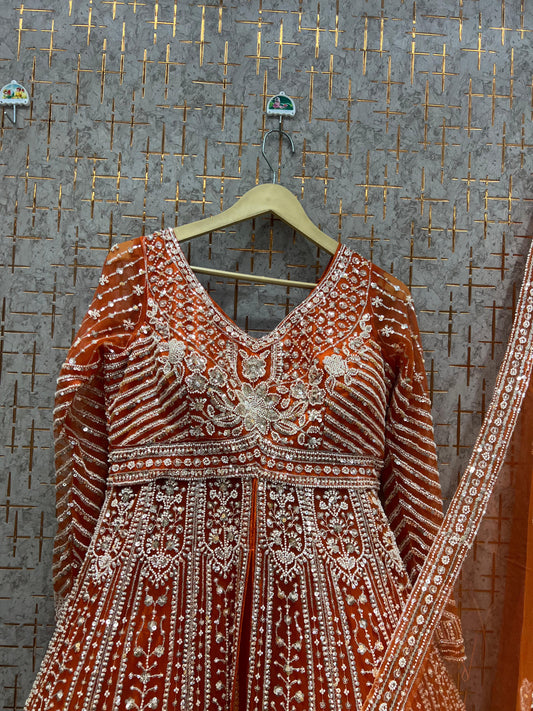 Charming Rust Orange peplum long Dress Farshi Gaharara Dress Special