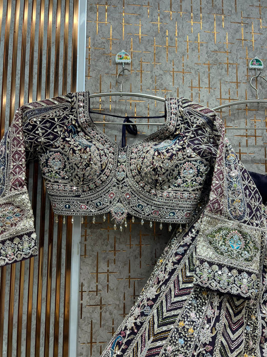 Purple peacock crop top Lehenga